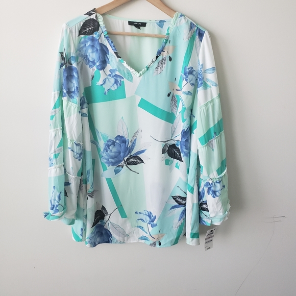 Alfani Tops - Alfani turquoise green floral bell sleeve top 1c